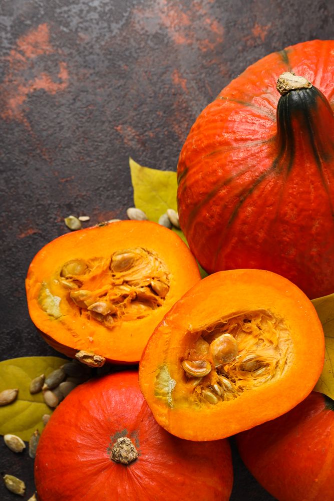 Cooking ingredients for fall season - pumpkin seeds, pumpkin