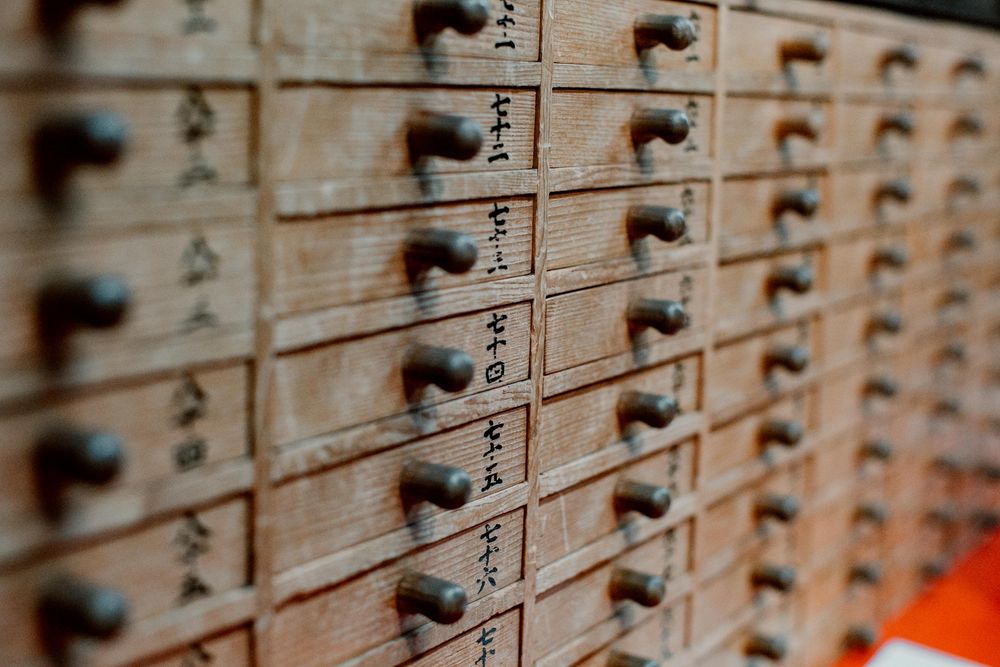 Brown wooden drawers with kanji text