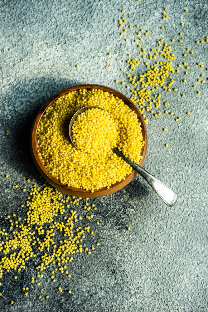Top view of bowl of dry millet