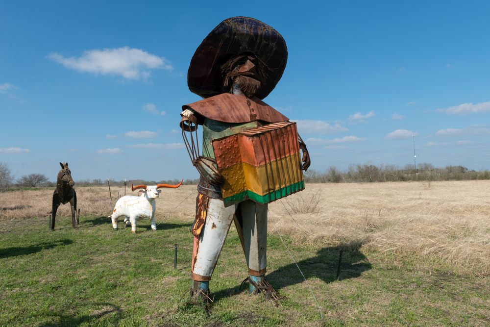 Metal figure at Rustic Center and Interiors, along U.S. Highway 290 in Washington County, Texas