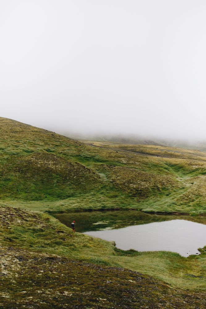 Man in vast green landscape, vertical