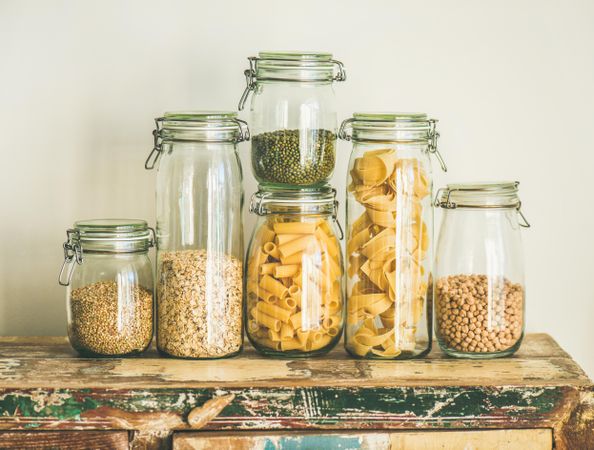 Pantry grains stored in airtight glass jars