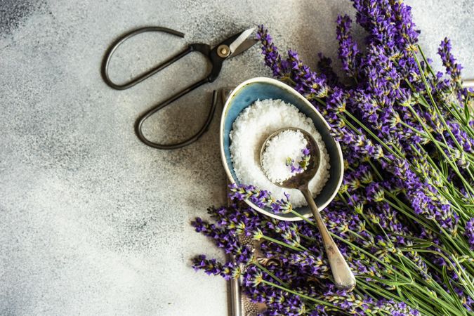 Top view of shears, salt and lavender flowers