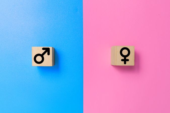 male and female symbols on wooden blocks isolated on pink and blue background.