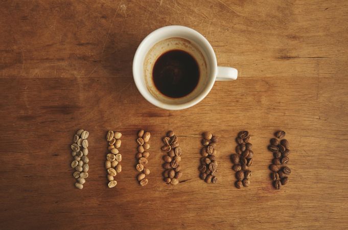 Rows of different grades of roasting beans with coffee cup