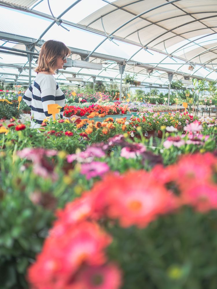 Female customer with cart on flower market