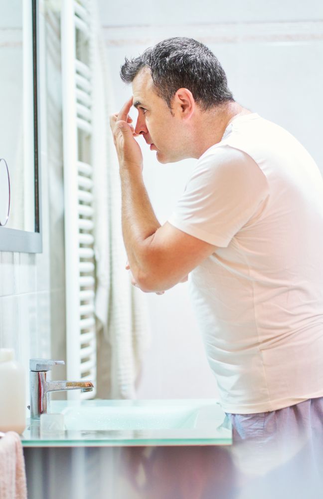 Man touching face in bathroom while looking in mirror