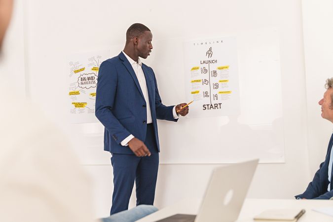 A Black businessman presents a company roadmap on the wall, using a pencil to point out details, as colleagues listen attentively