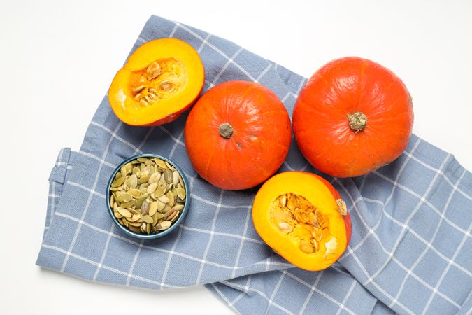 Cooking ingredients for fall season - pumpkin seeds, pumpkin