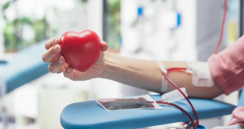 Close Up Of Hand Of Female Blood Donor With Attached Catheter.