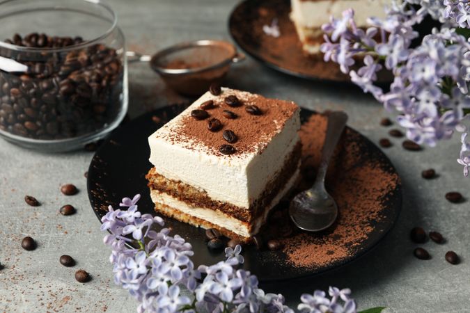 Composition with tasty tiramisu and lilac. Delicious dessert