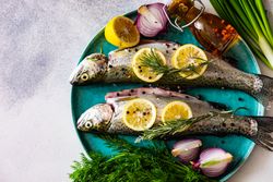 Top view of raw trout fish ready for cooking