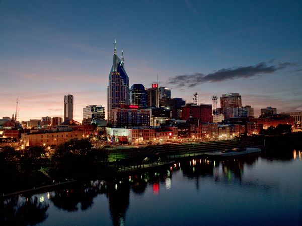 Skyline at dusk from the Cumberland River, Nashville, Tennessee