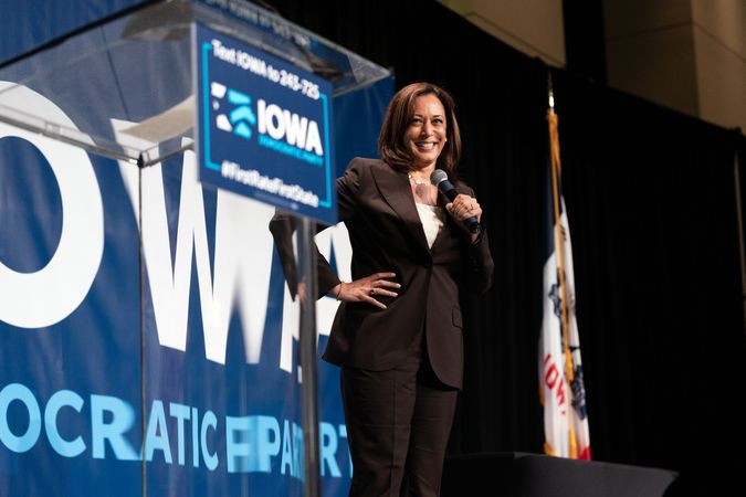 Cedar Rapids, IA, USA - June 9 2019: Kamala Harris smiling with microphone at Iowa Democrats event