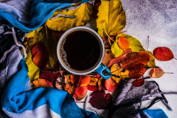 Top view of autumnal cup of coffee with leaves