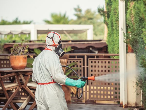 Fumigator in uniform spraying substance on garden