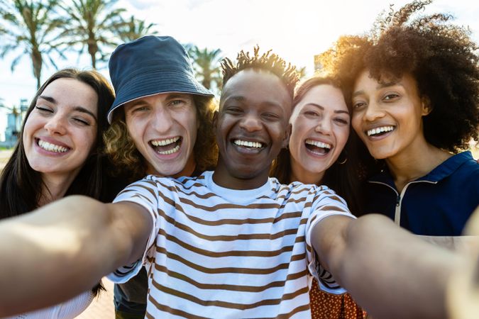 POV of multi-ethnic friends taking selfie with palm trees in background