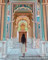 Woman in colorful dress standing in the hallway of Jawahar Circle Garden in Jagatpura, Rajasthan, India  4Bxqe0