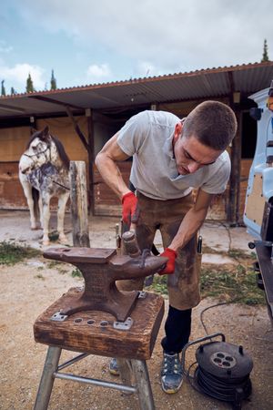 Blacksmith working on the anvil changing the horseshoe to a paw with tools