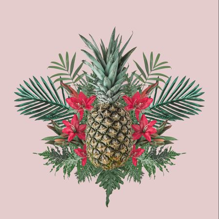 Pineapple surrounded in leaves and red flowers on blush background