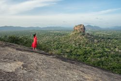 Tourist against solitary rock in middle of green forested plain under clear sky in summer