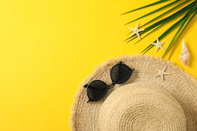 Straw hat, sunglasses, starfishes and palm leaf on color background space for text and top view. Summer vacation backdrop
