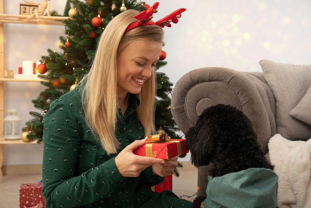 Concept of Merry Christmas, Young woman and Christmas dog