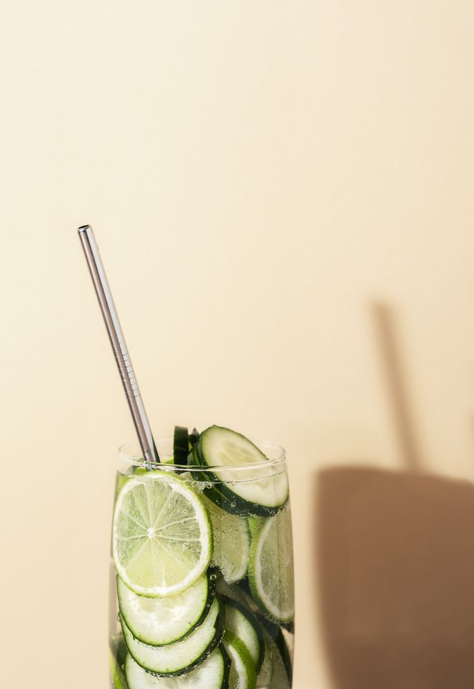 Close up of lemon cucumber water