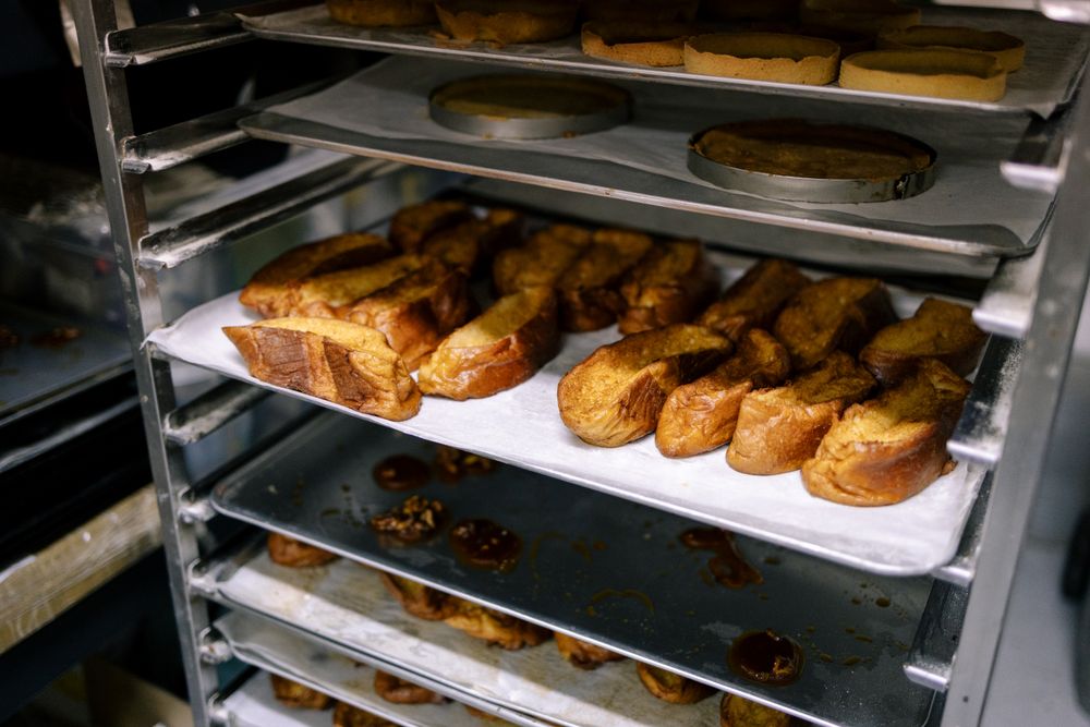 Tray of french toast in pastry shop