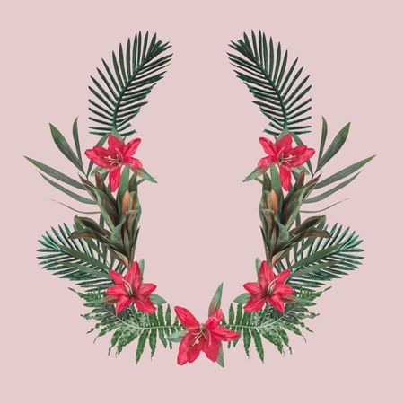 Leaves and red flowers in wreath on blush background