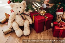 Gift boxes and soft toys placed beside Christmas tree 4Zej31