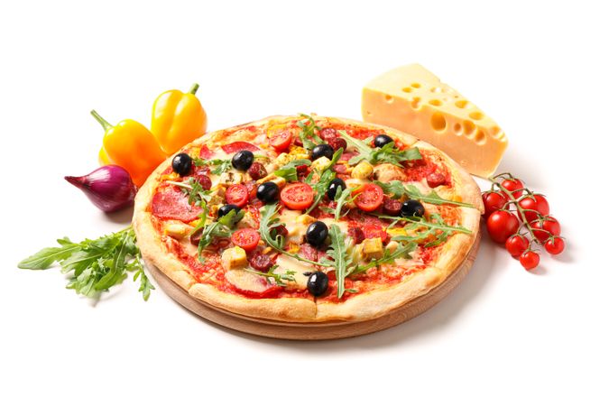 Tasty pizza and ingredients isolated on blank background