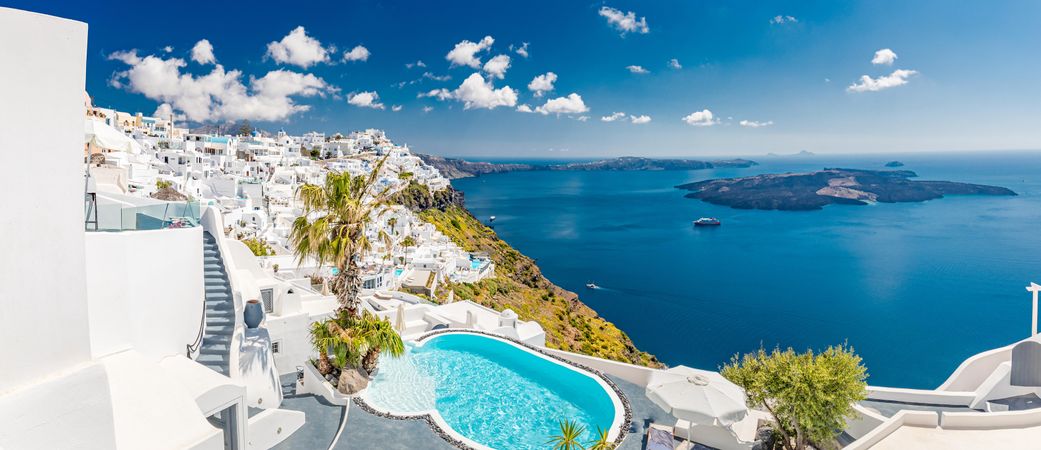 Panoramic shot of Santorini and Island