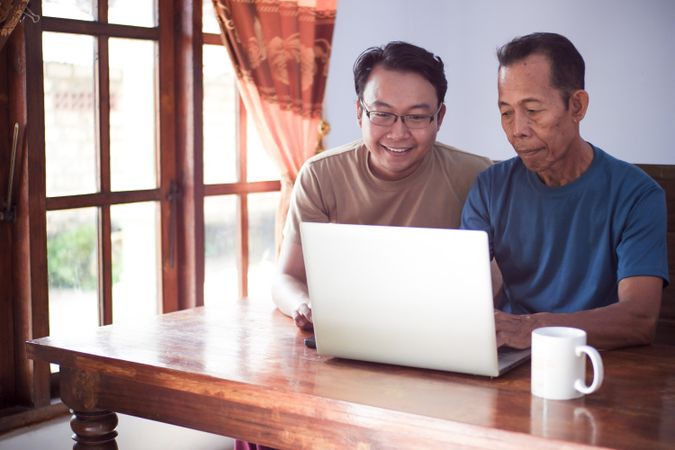 Father and son with laptop
