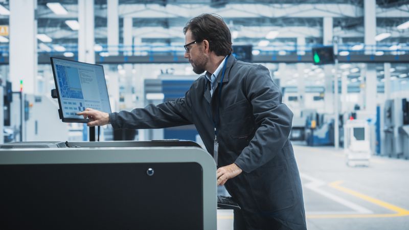 Side view of man standing working at touchscreen