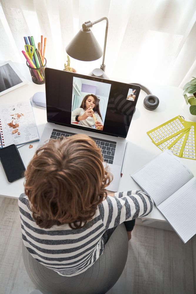Boy having video chat with girl playing flute