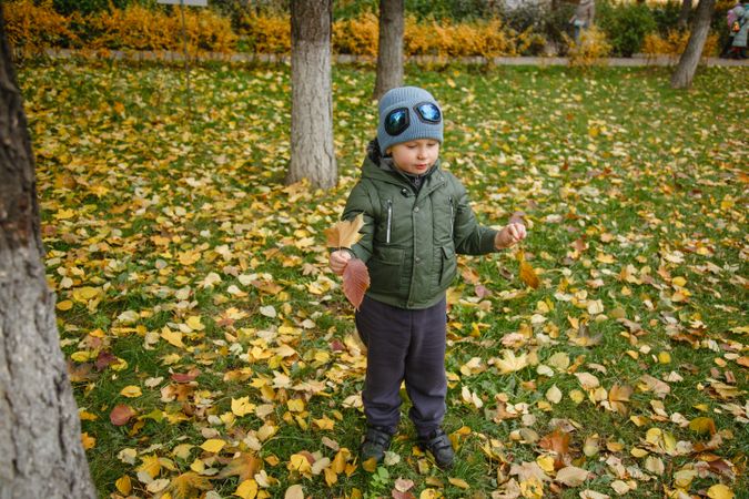 Boy in green jacket standing on yellow leaves