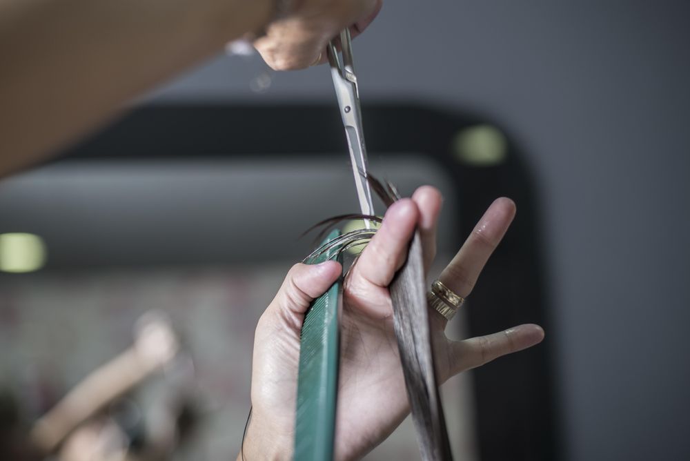 Strand of brunette wet hair being cut in salon