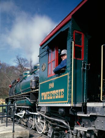 Engine and engineer of a Tweetsie Railroad steam-fired locomotive, Blowing Rock, North Carolina