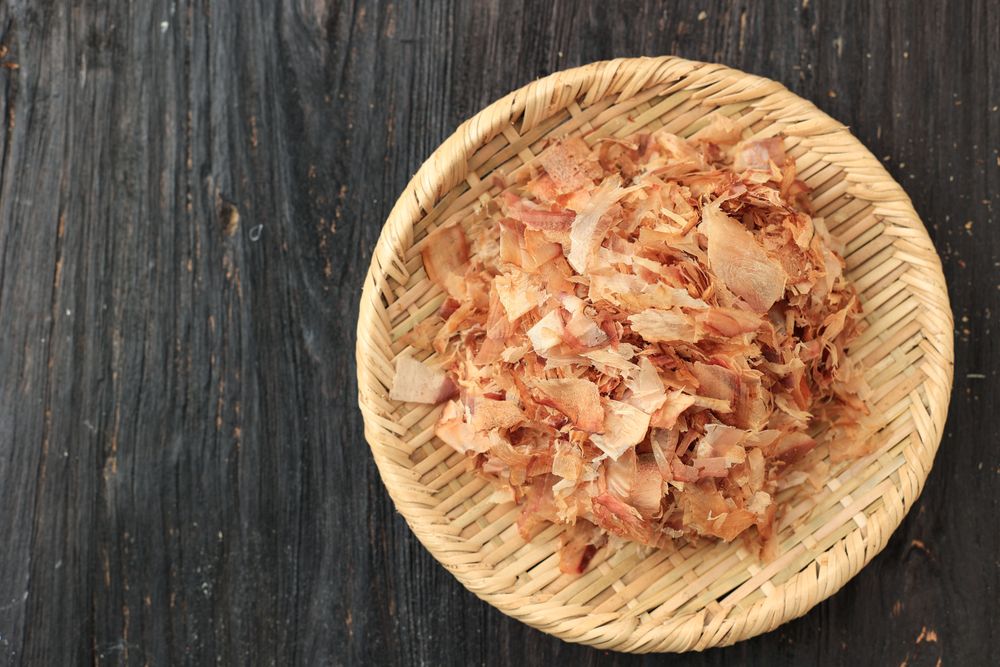 Bonito flakes in bamboo bowl