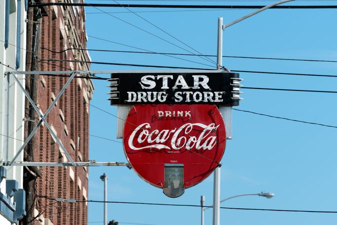 An old drug store sign in Galveston, Texas