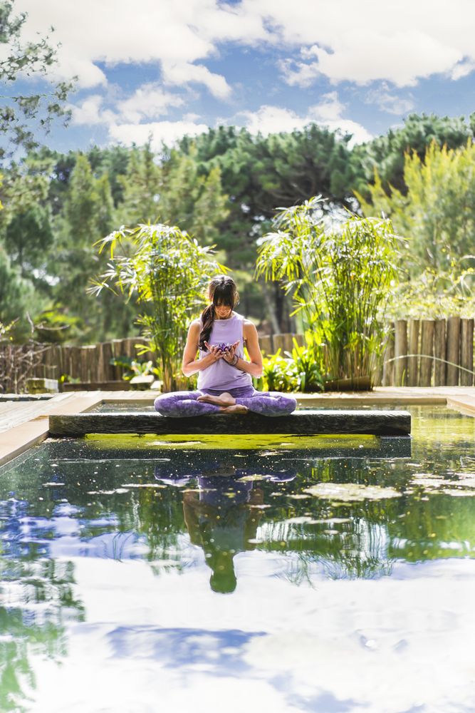 A woman holding a glass purple lotus while sitting in lotus pose on a tree  trunk over the water. Vertical shot
