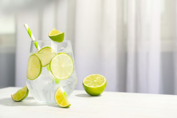 Glass of mojito, delicious fresh summer cocktail, space for text