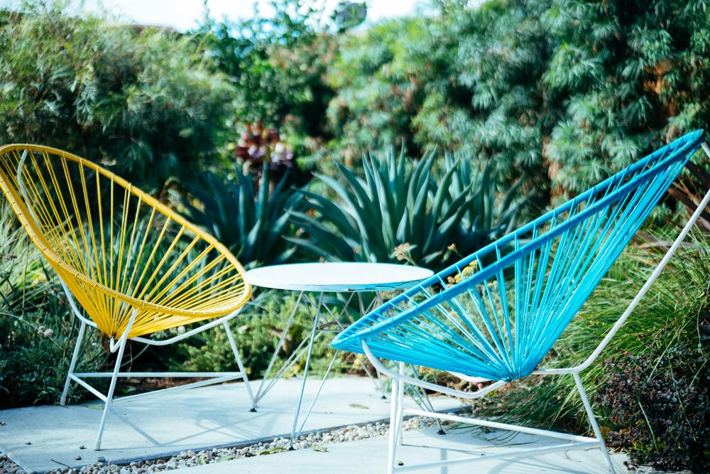 Yellow and blue patio chairs