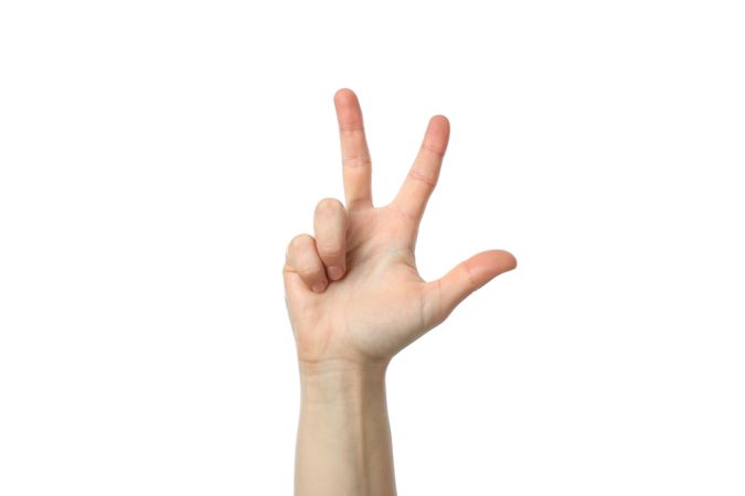 Female hand showing three fingers, isolated on blank background