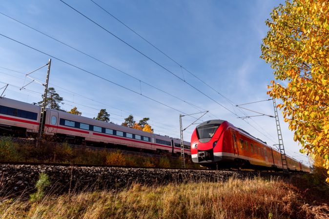 German trains traveling near Nuremberg on a beautiful autumn day
