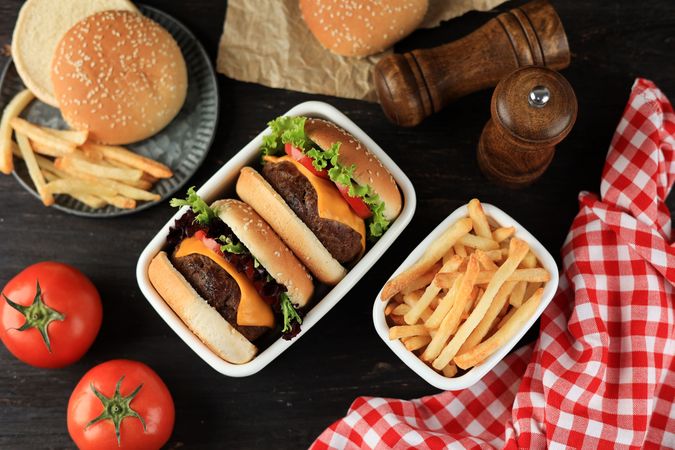Tasty Grilled Homemade Burgers with Beef, Tomato, Cheese, and Lettuce. Served with French Fries.