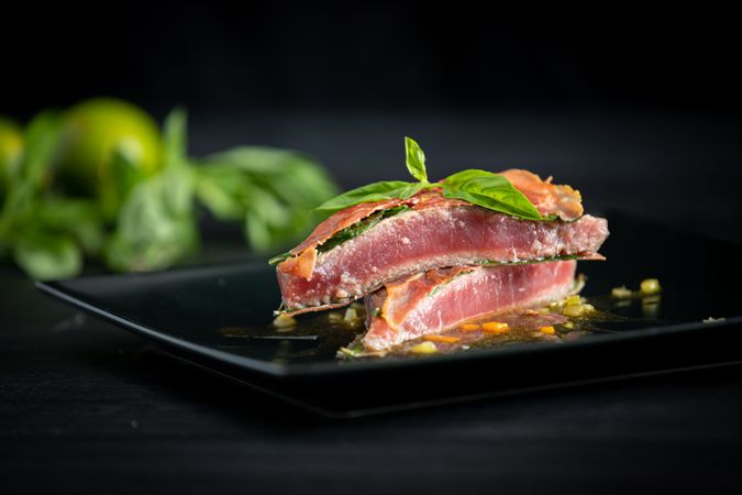 Bluefin tuna with basil ham and chicken demiglace