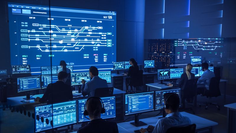Multicultural Team in a Futuristic Control Room Monitors Complex Data Streams on Multiple Screens, Ensuring Seamless Cybersecurity