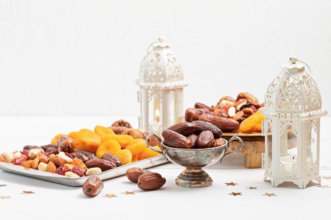 Assorted Dried Fruits and Nuts with Ornamental Lantern Decor in Elegant Setting
